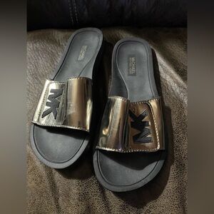 Michael Kors Black Metallic MK Logo Slide Sandals - Women’s Size 7.5